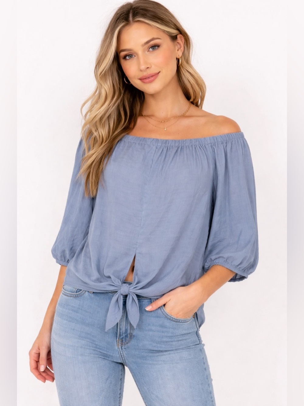 Jondi Chambray Blue 3/4 Sleeve Tie Front Blouse